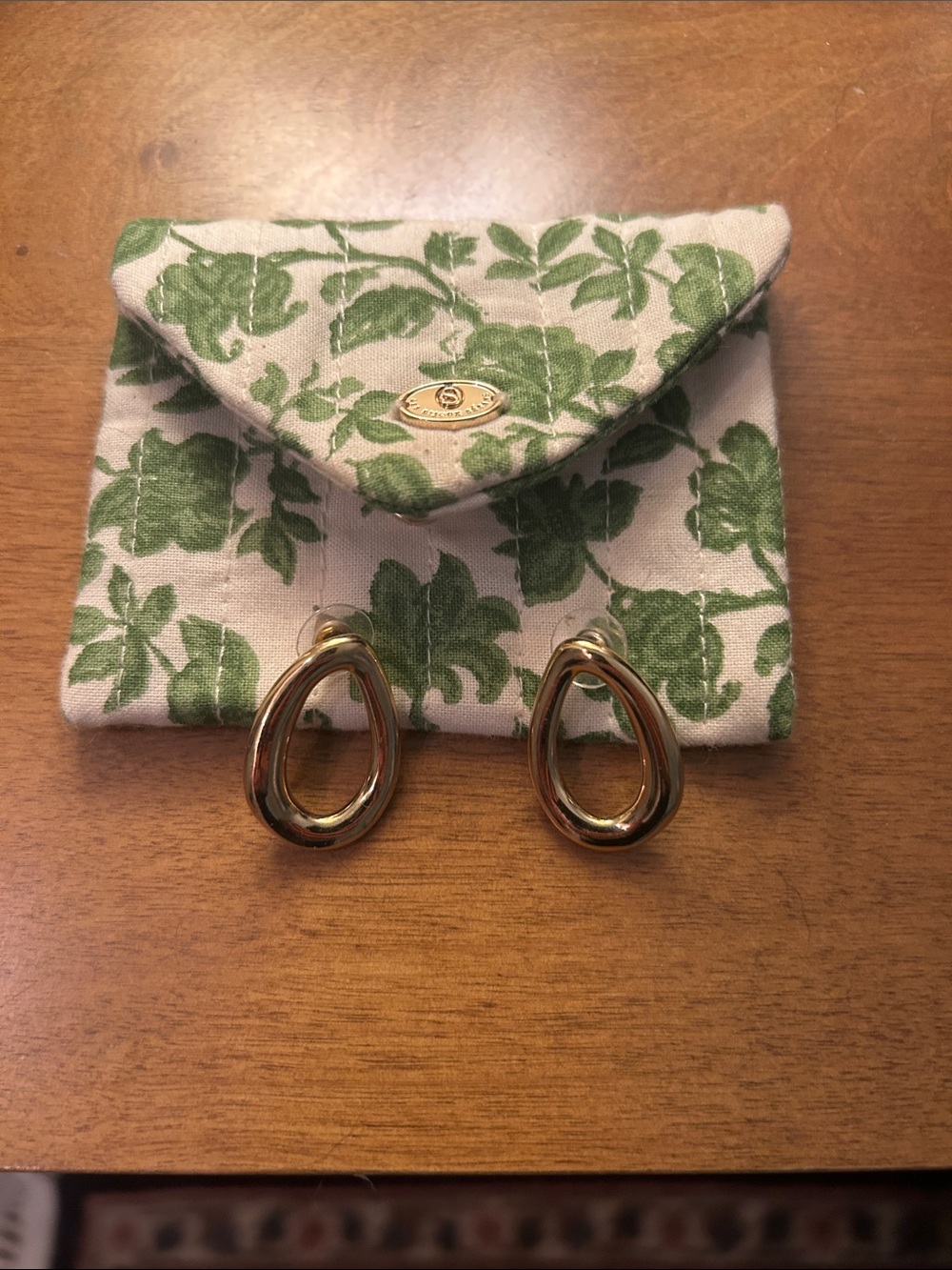 Sézane Gold Teardrop Hoop Earrings with Green Floral Pouch